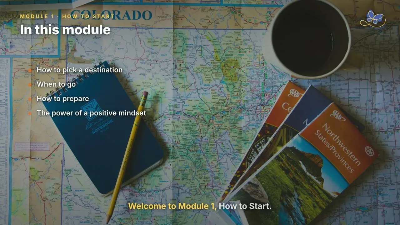 Still from the course preview video: a travel map with notebook, guides and coffee
