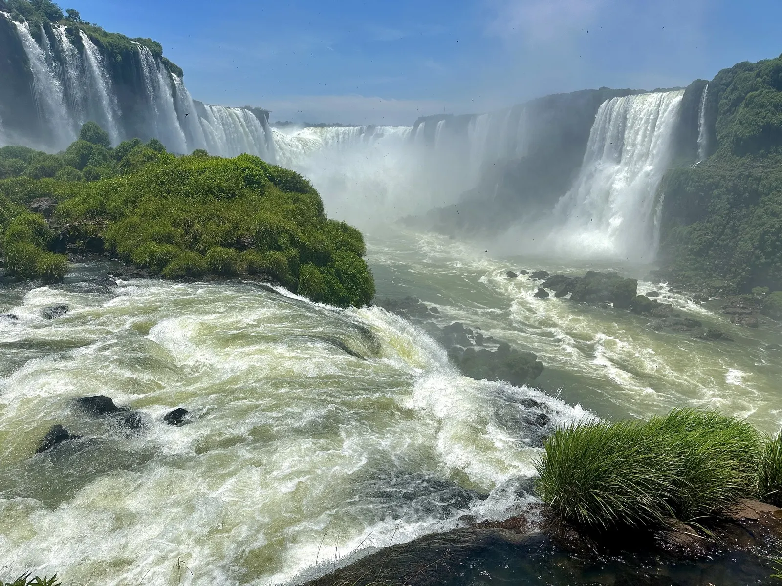 The thundering cascades of the Iguazu Falls framed by jungle